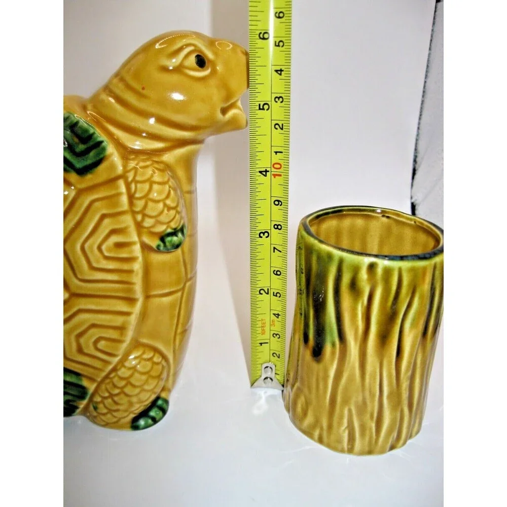Anthropomorphic Turtle Pitcher & 4 Cups Tiki Barware Norleans Gold & Green Japan
